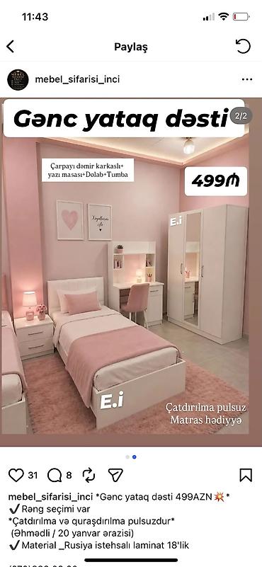 Gənc yataq dəsti – 499 AZN Komplektə daxildir: - Dəmir karkaslı