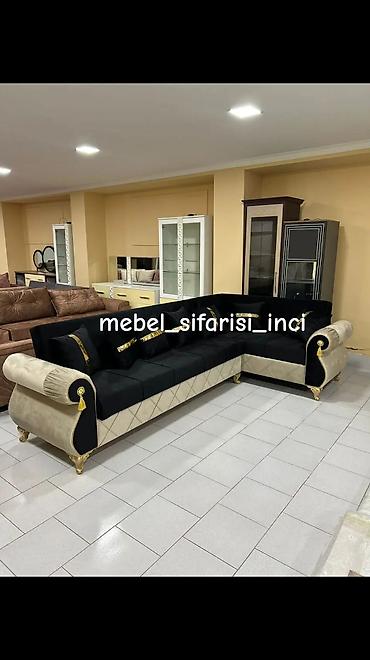 sultan macun: L şəkilli klassik üslubda künc divan dəsti - Dizayn: Qara və bej — 1