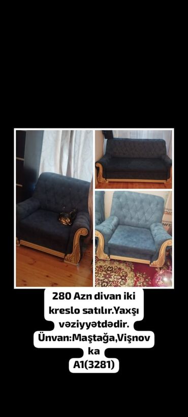 Продукты питания: 280 Azn divan iki kreslo satılır.Yaxşı vəziyyətdədir