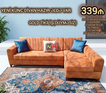 Divanlar: Yeni künc divan – gold tikiliş (düyməsiz). Ölçü: 150×250 sm. Mexanizm — 1