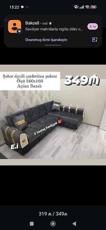 L‑şəkilli yumşaq künc divan - Ölçü: 260 x 160 sm - Açılan bazalı