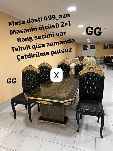 Zərif klassik üslubda masa dəsti. Qara-qızılı dekorlu masa və uyğun