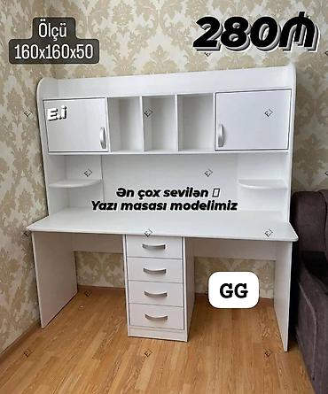 Yazı masası – ağ rəngdə, yığma rəf və dolablı model Ölçü: 160 x 160 x