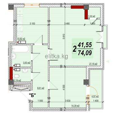 Недвижимость: 2 комнаты, 74 м², Элитка, 2 этаж, Без ремонта