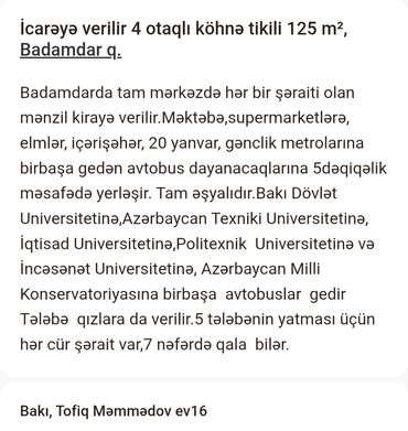 Günlük kirayə mənzillər: Badamdarda, mərkəzə yaxın yerdə kirayə mənzil təklif olunur