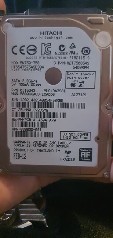 notebook 500gb: Sərt disk (HDD) Hitachi, > 8 TB, İşlənmiş