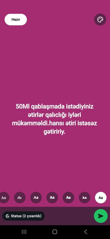 today ətri qiyməti: 50ml qablaşma ətirlərimiz Qalıcılığı Əla iyləri mükəmməl.hansı duxunu