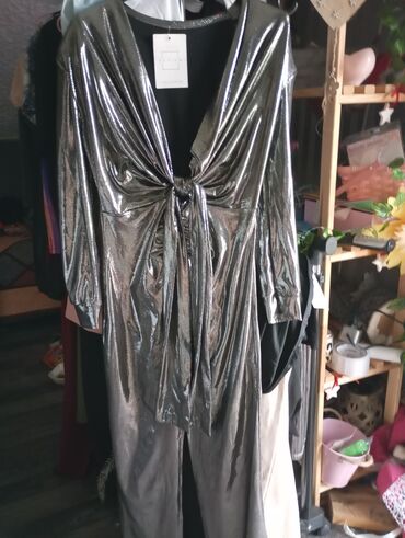 duge satenske haljine: A-Dress L (EU 40), color - Silver, Evening, Long sleeves