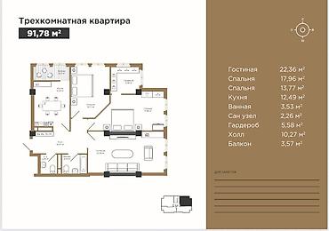 brk group: 3 комнаты, 91 м², Элитка, 7 этаж, ПСО (под самоотделку) — 3
