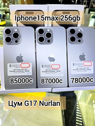 Apple iPhone: IPhone 15 Pro Max, Б/у, 256 ГБ, Natural Titanium, Зарядное устройство, Защитное стекло, Чехол, В рассрочку, 100 %