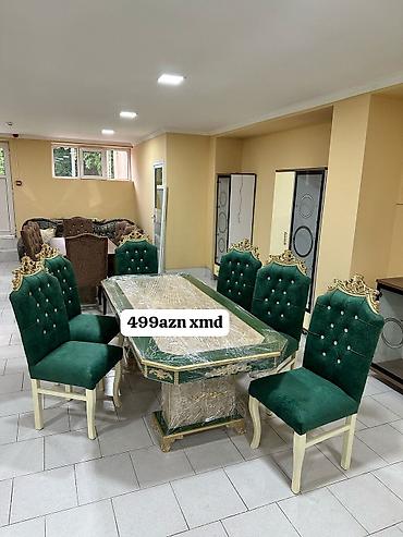 ikinci el stol: Yemək otağı dəsti – 1 masa + 6 stul - Rəng: zümrüd-yaşıl oturacaq və — 1