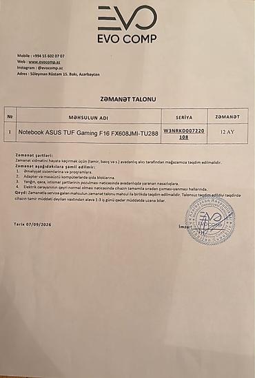 asus tuf a16: Yeni ASUS TUF Gaming, 16 ", Intel Core i7, 1 TB, Ünvandan götürmə, Ödənişli çatdırılma — 4