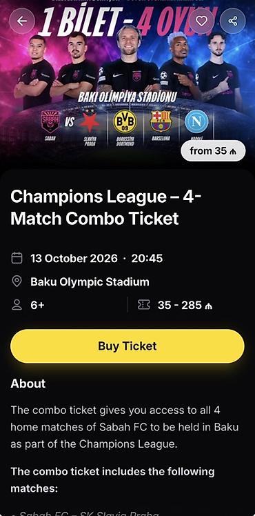 Шоу фокусников: Məhsul: Champions League – 4 oyunlu kombinə bilet Təsvir: - 1 bilet — 1