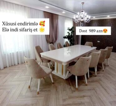 Masa və oturacaq dəstləri: Qonaq otağı üçün, Yeni, Açılmayan, Dördbucaq masa, 6 stul — 18