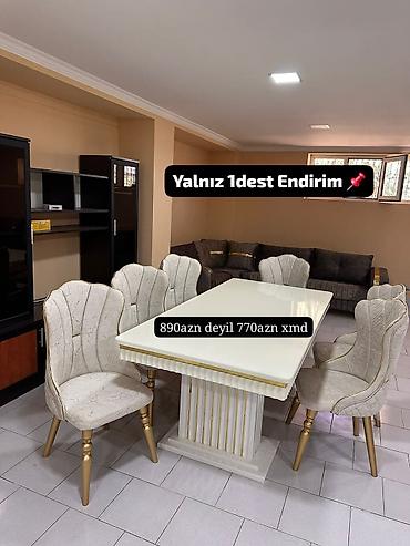 Ağ-qızılı yemək otağı dəsti - Dəst: 1 masa + 6 stul - Masa: parlaq ağ lalafo.az -da Ağ-qızılı yemək otağı dəsti - Dəst: 1 masa + 6 stul - Masa: parlaq ağ
