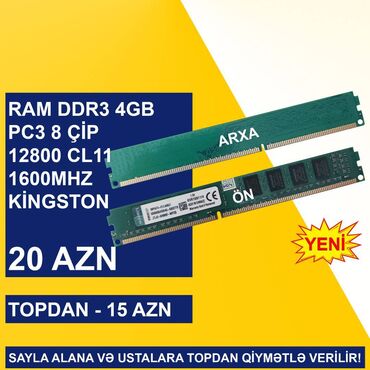 Sərt disklər (HDD): Operativ Yaddaş "DDR3 4GB 12800 1600Mhz Kingston" SAYLA ALANA VƏ