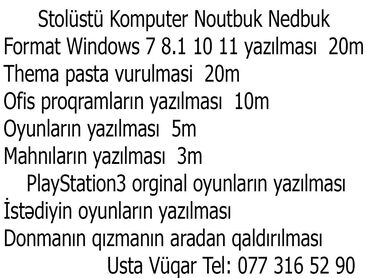 Noutbuklar, kompüterlər: Kompüterlərin formatlanması və proqram təminatı xidmətləri təklif