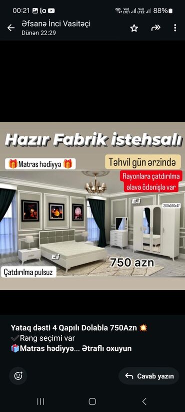 yataq desleri: *Yataq dəsti 4 Qapılı Dolabla 750Azn 💥* ✔️Rəng seçimi var *🎁Matras