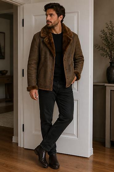 kurtka modelleri kisi: Kişi üçün dəri kürklü gödəkçə - Model: qısa kəsim, düz siluet - — 1