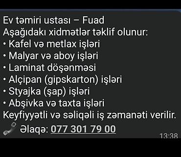 tam insaat: Ev təmiri ustası – Fuad Təklif olunan xidmətlər: - Kafel və metlax — 1