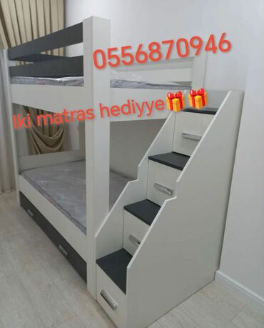 İkimərtəbəli uşaq çarpayıları: Oğlan və qız üçün, Yeni, Çarpayı, Matras ilə, Siyirməli, Laminat — 20