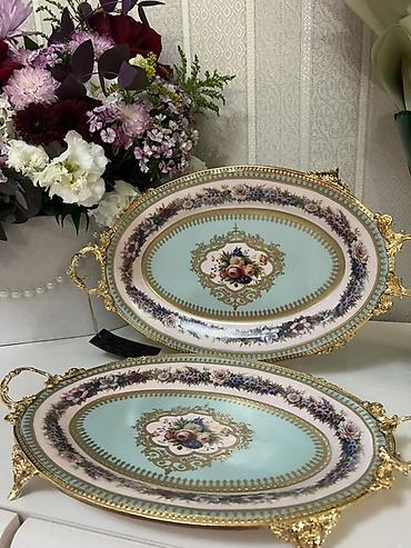 cay qabi: Nəcib dekorlu 2 ədəd oval server qabı dəsti - Material: porselen — 2
