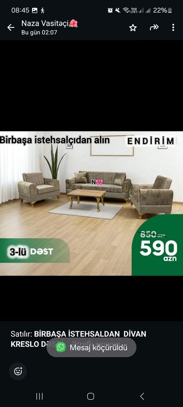 Sifarişlə dolablar: Satılır: *BİRBAŞA İSTEHSALDAN DİVAN KRESLO DƏSTİ* Qeyd: Divanin