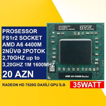 Videokartlar: Prosessor AMD A6 Prosessor “LGA FS1r2 AMD A6-4400M”, 2 nüvə, İşlənmiş