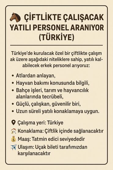 xaricde iş: Fermada işləmək üçün heyvanlara, xüsusilə atlara bələd olan, bağçılıq