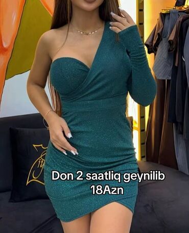tek pencekler kisi ucun: • Parlaq yaşıl, tək çiyinli, qısa kokteyl donu – bədənə oturan kəsim