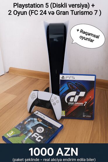 PS5 (Sony PlayStation 5): Sony PlayStation 5 (diskli versiya) + 2 ədəd orijinal PS5 diski və