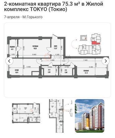 Продажа квартир: 2 комнаты, 75 м², Элитка, 3 этаж, ПСО (под самоотделку)