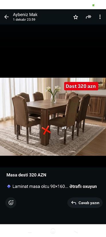 stol dəsdi: Masa–stul dəsti - Dəst: yemək masası + 6 stul - Material: laminat — 1