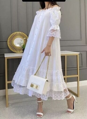 женские летние сарафаны: Женственное белое платье-миди в стиле boho/romantic. - Свободный