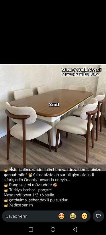 Mebel: Yemək masası dəsti – müasir dizaynlı, MDF boyalı masa və 6/8 ədəd — 3