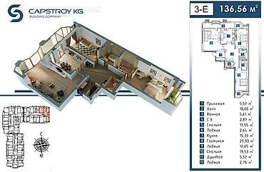 капстрой: 3 комнаты, 137 м², Ак-Кеме Элитка, 8 этаж, ПСО (под самоотделку) — 3