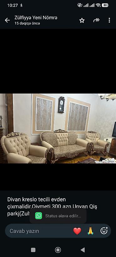 Divan kreslo tecili evden çixmalidir.Qiymeti 300 azn.Unvan Qiş