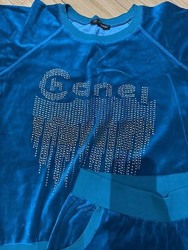 sport geyimler: Mavi rəngli iki hissəli velür idman dəsti - Material: yumşaq, parlaq — 5