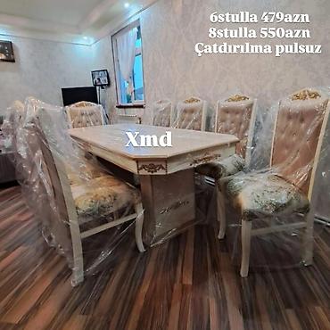Masa və oturacaq dəstləri: Masa və 6 stul dəsti – Xmd • Komplekt: 1 yemək masası + 6 ədəd stul — 83
