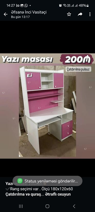 7 yaşlı qız üçün: *Yazı masası 200Azn💥* ✔️Rəng seçimi var . Ölçü 180x120x60 *Çatdırılma