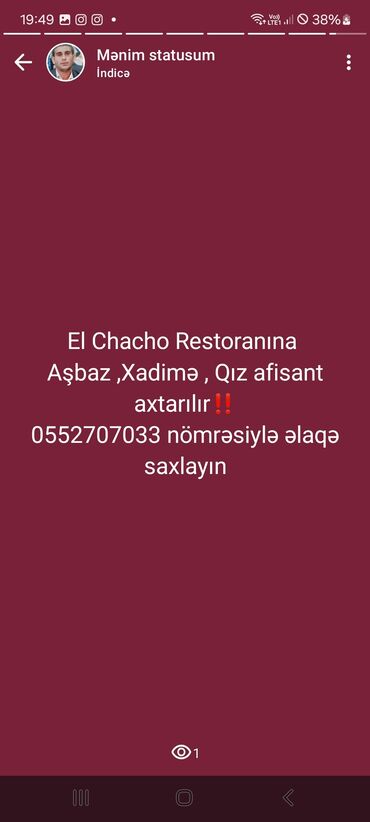 Охрана, безопасность: El Chacho Restoranı üçün iş elanları: - Aşpaz - Xadimə - Qız ofisiant