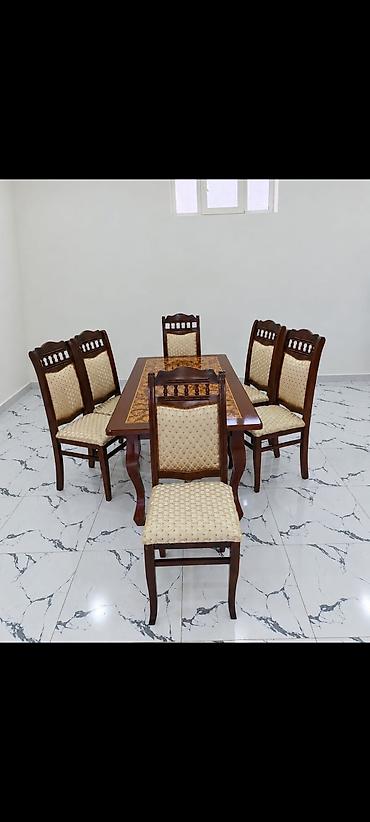 Mebel: Qonaq otağı üçün, İşlənmiş, Dördbucaq masa, 6 stul — 1