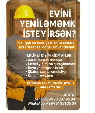 ev təmiri qiymətləri: Səliqəli və keyfiyyətli usta xidmətləri təklif edirik. Xidmətlərimizə