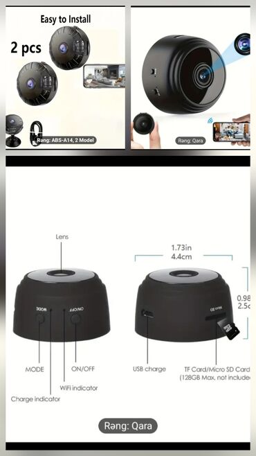 notebook adapter qiymetleri: Mini Wi‑Fi təhlükəsizlik kamerası – 2 ədəd (model: ABS‑A14), rəng