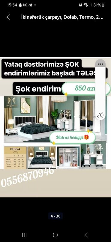 Yataq otağı dəstləri: İkinəfərlik çarpayı, Termo, Dolab, 2 tumba, Azərbaycan, Yeni — 20