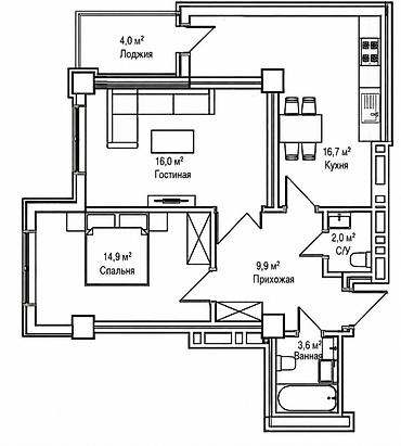 2 комнаты, 47 м², Технопарк Элитка, 12 этаж, ПСО (под самоотделку)