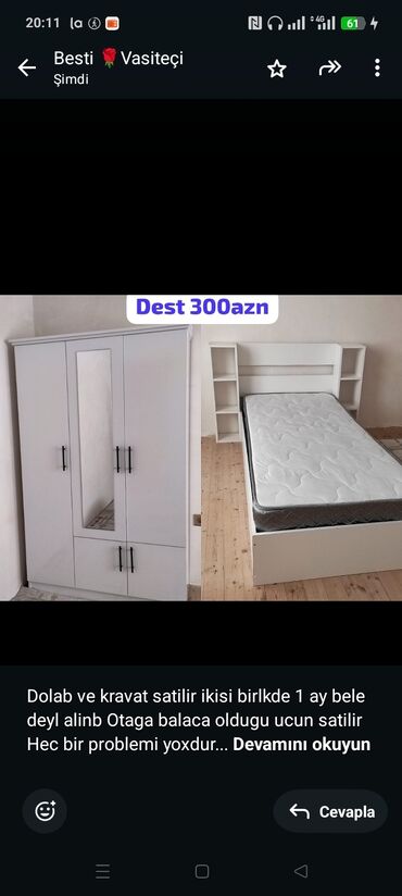 Qida məhsulları: Dolab ve kravat satilir ikisi birlkde 1 ay bele deyl alinb Otaga