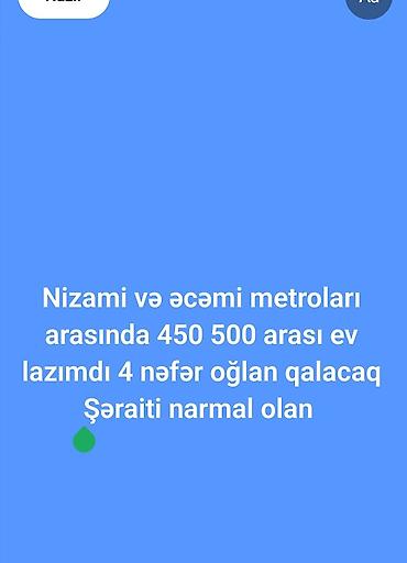 Daşınmaz əmlak: Axtarış: Kirayə mənzil Tələblər: - Yer: Nizami və Əcəmi metroları — 1