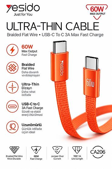 Yesido CA206 Ultra-Thin USB-C to USB-C kabel - Maksimum çıxış: 60W – lalafo.az -da Yesido CA206 Ultra-Thin USB-C to USB-C kabel - Maksimum çıxış: 60W –