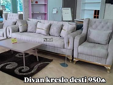 salon divan: Divan kreslo dəsti – 950₼ Zərif dizaynlı, açıq boz rəng palitrasında — 1